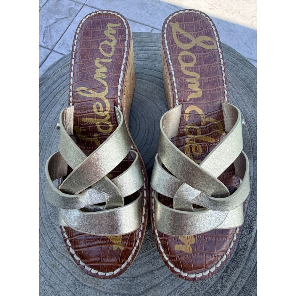 SAM EDELMAN Raynere Women 8.5 Cork Platform Slide Sandals Metallic Gold Leather